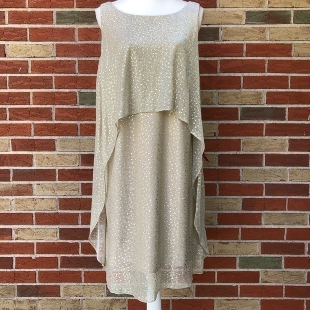 SLNY SL Fashions New York NWT Ruffle Chiffon Polka Dot Gold Keyhole Dress 👗